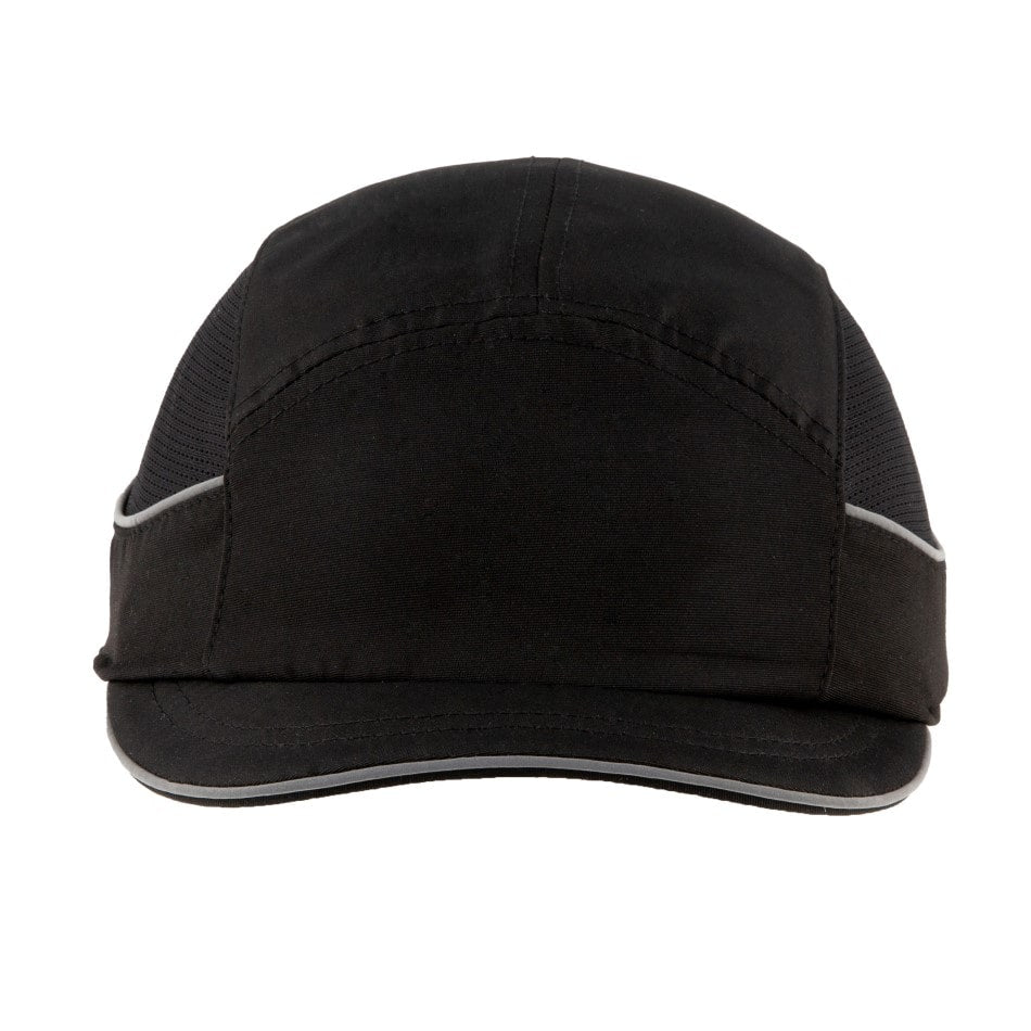 Gorra de seguridad GERF SAFETY Bump Cap Air+ negra con visera corta de 3 cm, bandas reflectantes y malla transpirable.