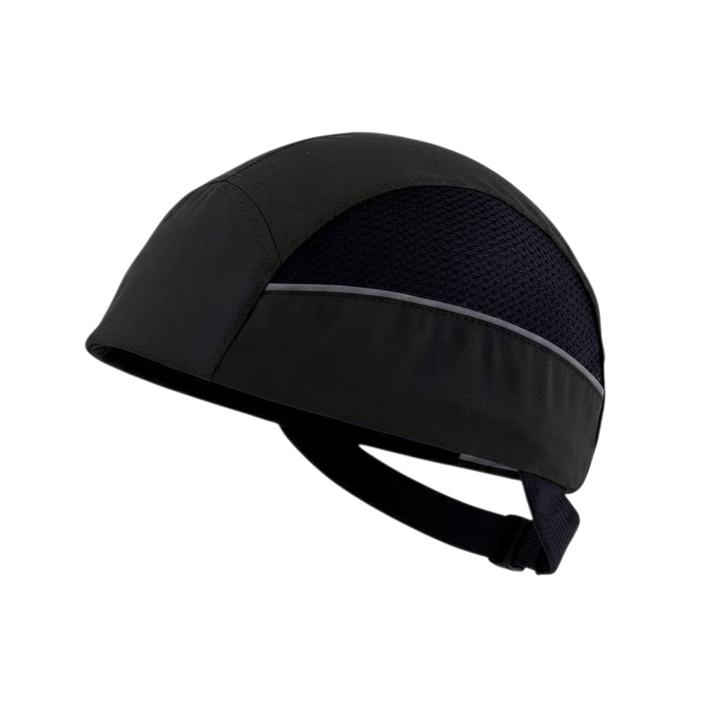 Gorra de seguridad GERF SAFETY negra sin visera con carcasa ABS extraíble, bandas reflectantes y malla transpirable.