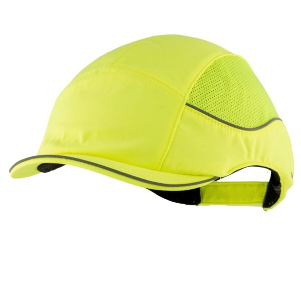 Gorra de seguridad GERF SAFETY Bump Cap Air+ color amarillo neón con bandas reflectantes y visera corta de 3 cm