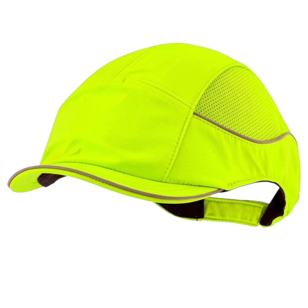 Gorra de seguridad GERF SAFETY Bump Cap Air+ color amarillo neón con bandas reflectantes y visera corta de 3 cm