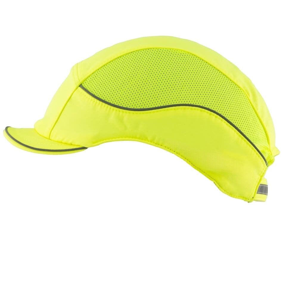Gorra de seguridad GERF SAFETY Bump Cap Air+ color amarillo neón con bandas reflectantes y visera corta de 3 cm