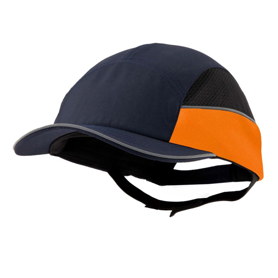 Gorra de seguridad GERF SAFETY azul marino y naranja con bandas reflectantes y carcasa protectora extraíble