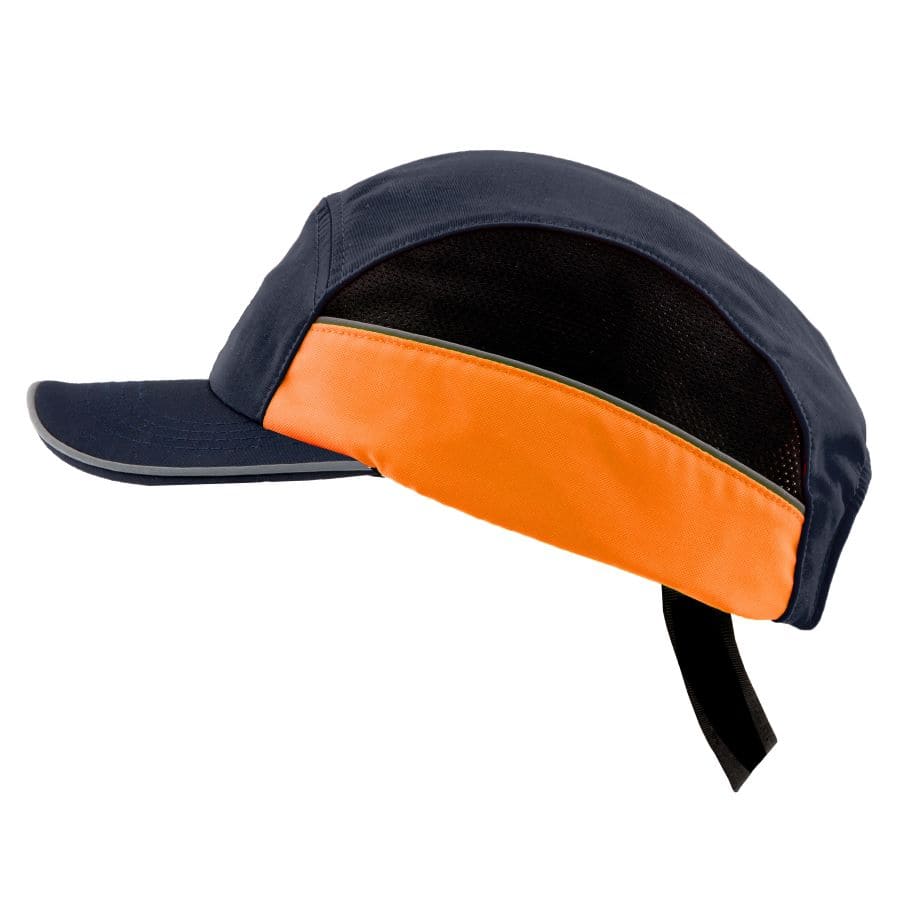 Gorra de seguridad GERF SAFETY azul marino y naranja con bandas reflectantes y carcasa protectora extraíble