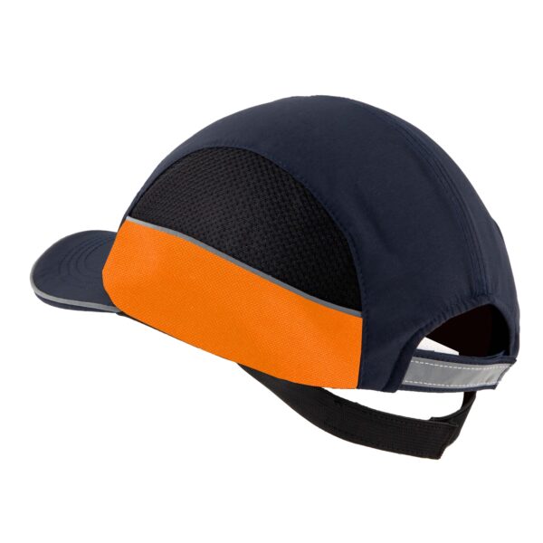 Gorra de seguridad GERF SAFETY azul marino y naranja con bandas reflectantes, carcasa ABS extraíble y cierre ajustable.