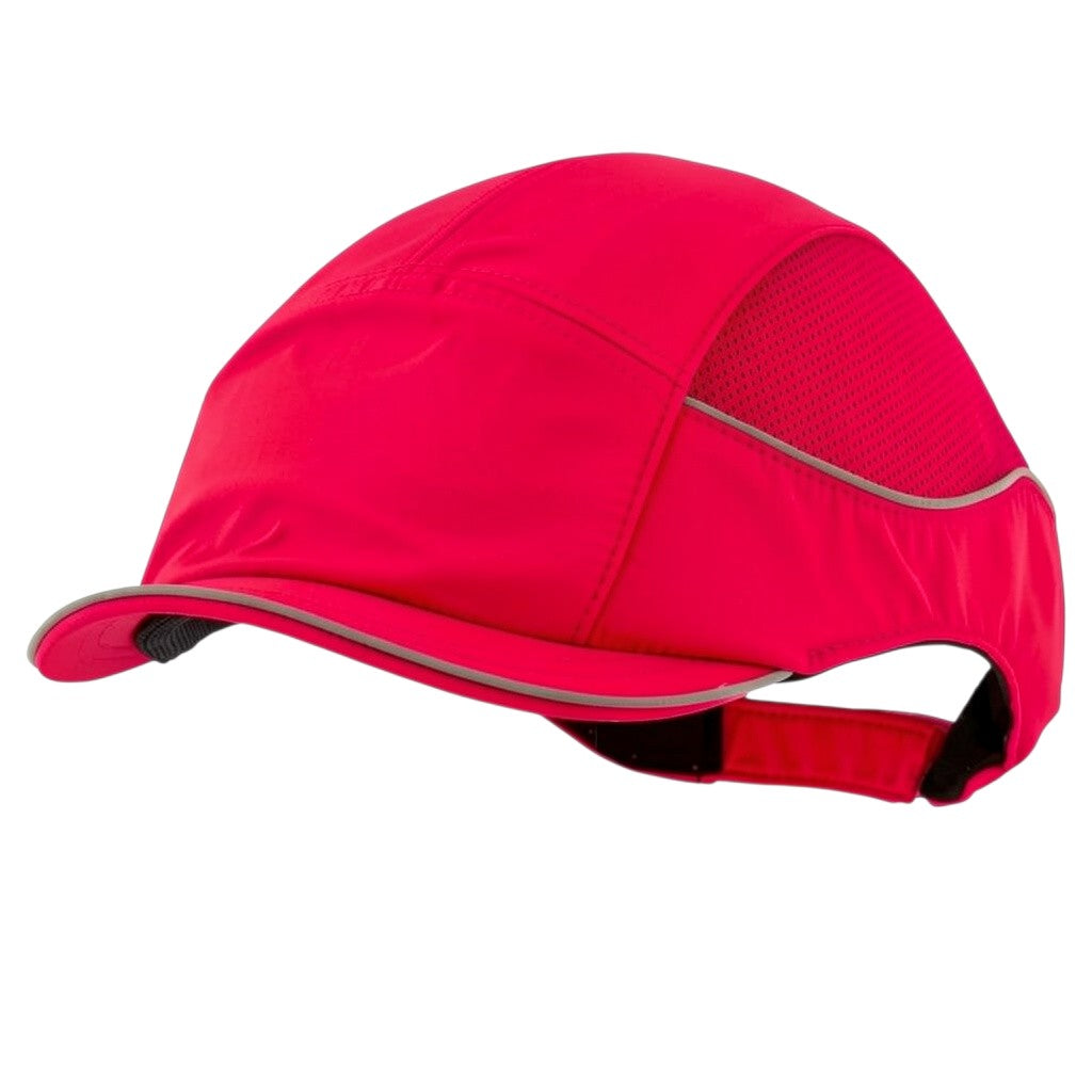 Gorra de seguridad GERF SAFETY Bump Cap Air+ color rojo neón con bandas reflectantes y visera corta de 3 cm