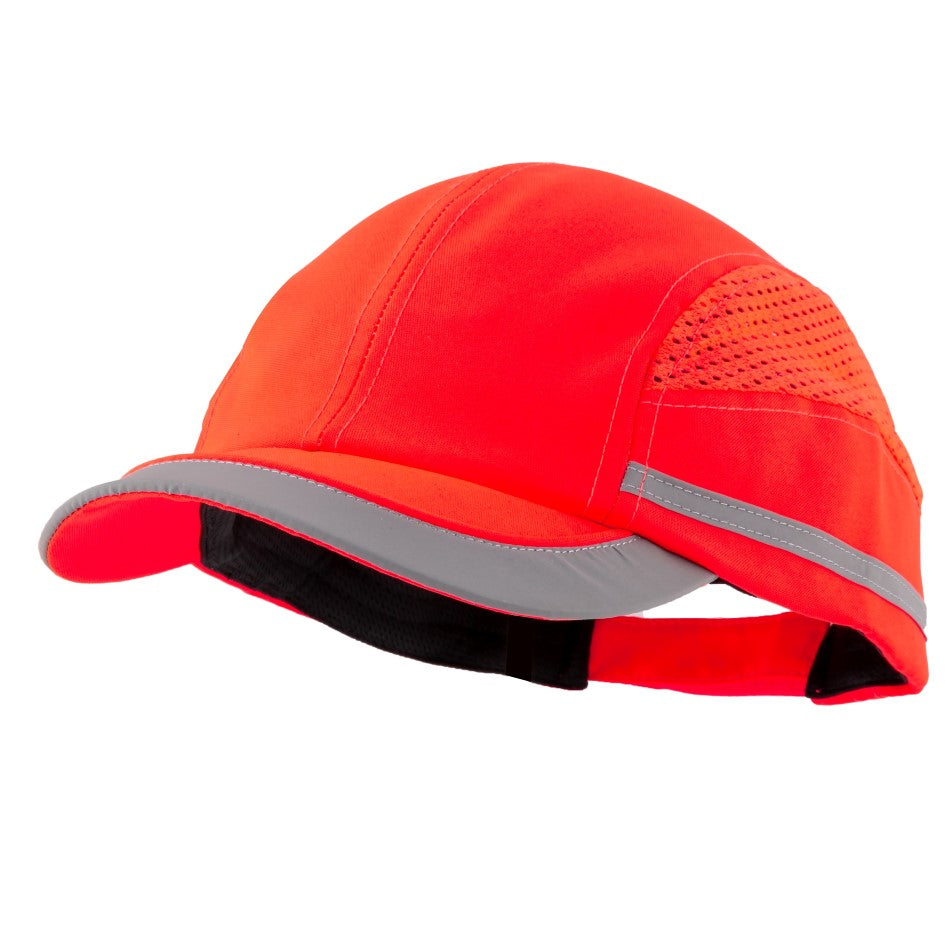 Gorra de seguridad GERF SAFETY roja fluorescente con bandas reflectantes, visera de 5 cm y carcasa protectora extraíble.