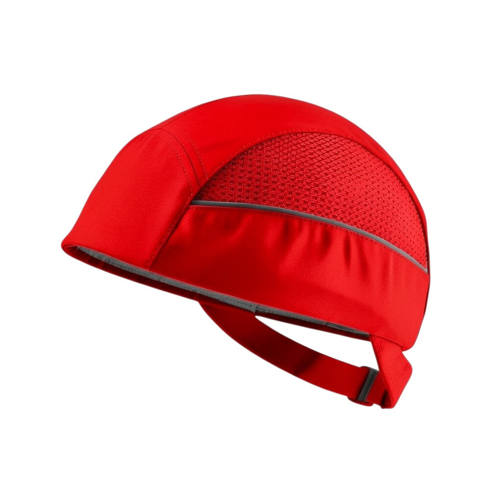 Gorra de seguridad GERF SAFETY roja sin visera con carcasa extraíble, bandas reflectantes y ventilación lateral.