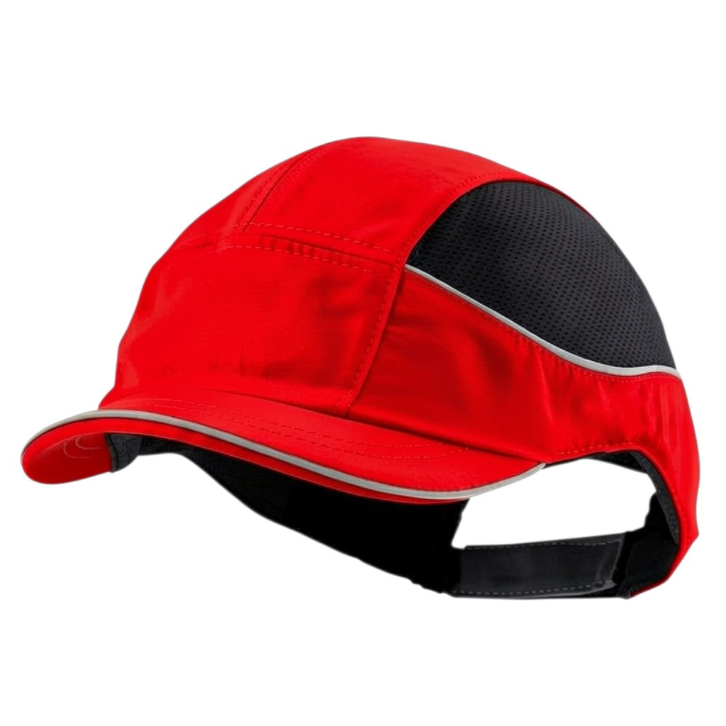 Gorra de seguridad GERF SAFETY Bump Cap Air+ roja con visera corta, paneles de malla transpirable y bandas reflectantes