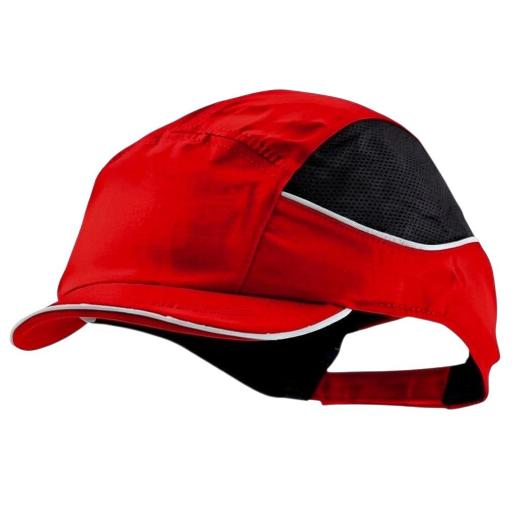 Gorra de seguridad GERF SAFETY Bump Cap Air+ roja con visera corta, paneles de malla transpirable y bandas reflectantes.