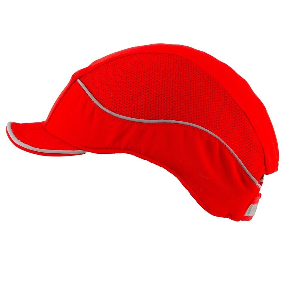 Gorra de seguridad roja GERF SAFETY Bump Cap Air+ con visera corta de 3 cm, bandas reflectantes y malla transpirable.