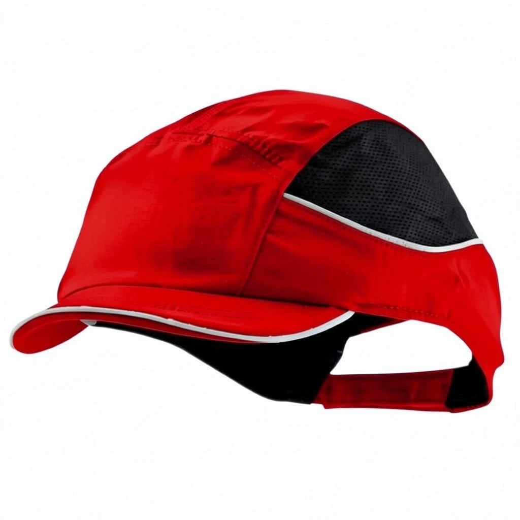 Gorra de seguridad GERF SAFETY Bump Cap Air+ roja con visera corta, paneles de malla transpirable y bandas reflectantes.