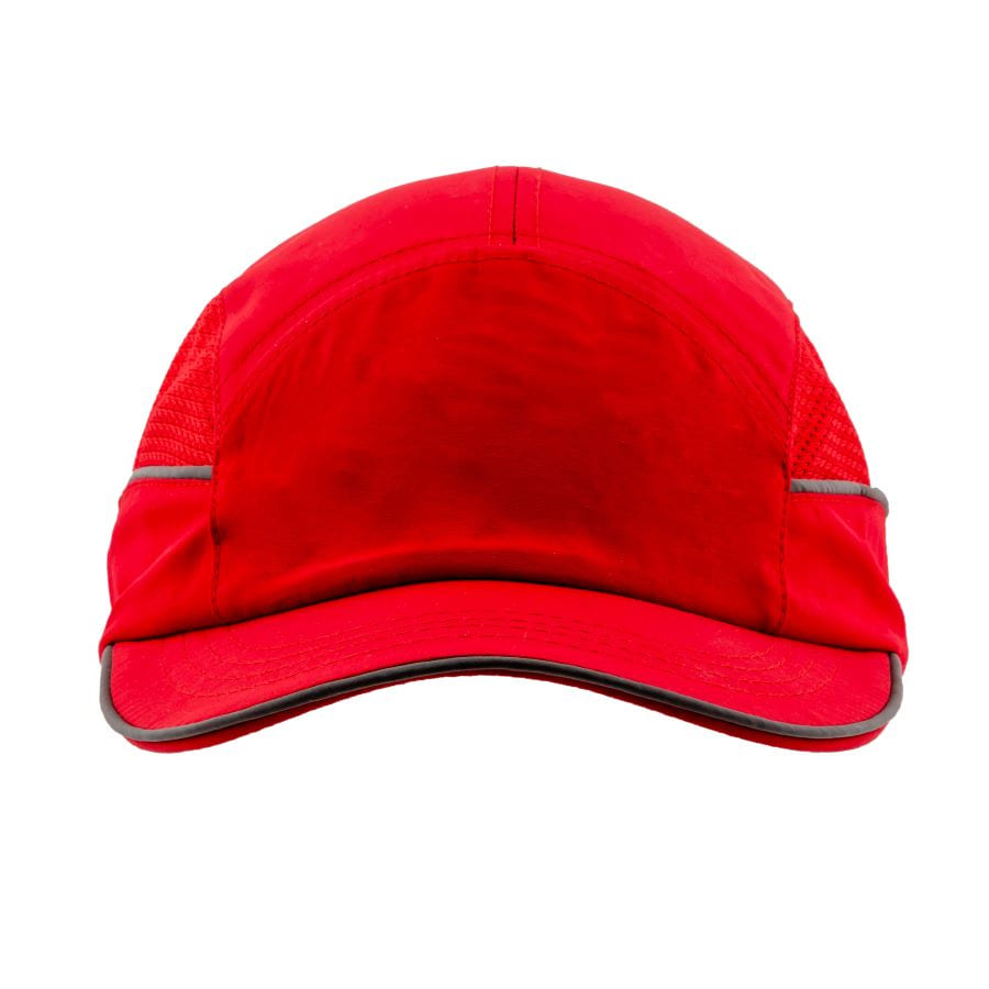 Gorra de seguridad roja GERF SAFETY con visera de 5 cm, bandas reflectantes y carcasa protectora de ABS.