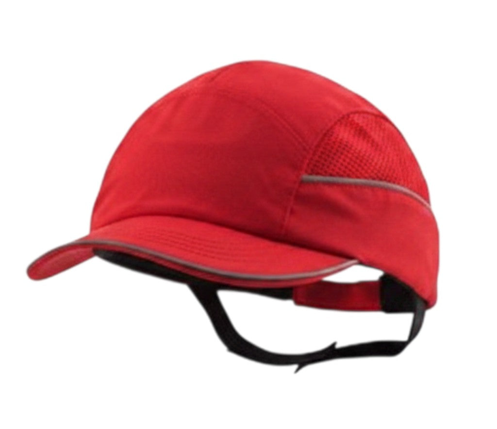 Gorra de seguridad GERF SAFETY roja con carcasa ABS extraíble, bandas reflectantes y tejido de poliéster transpirable.