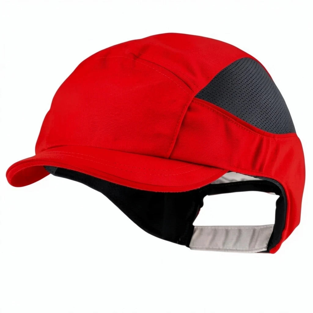 Gorra de seguridad GERF SAFETY Bump Cap Air+ roja con visera corta de 3 cm, paneles de ventilación y ajuste trasero.