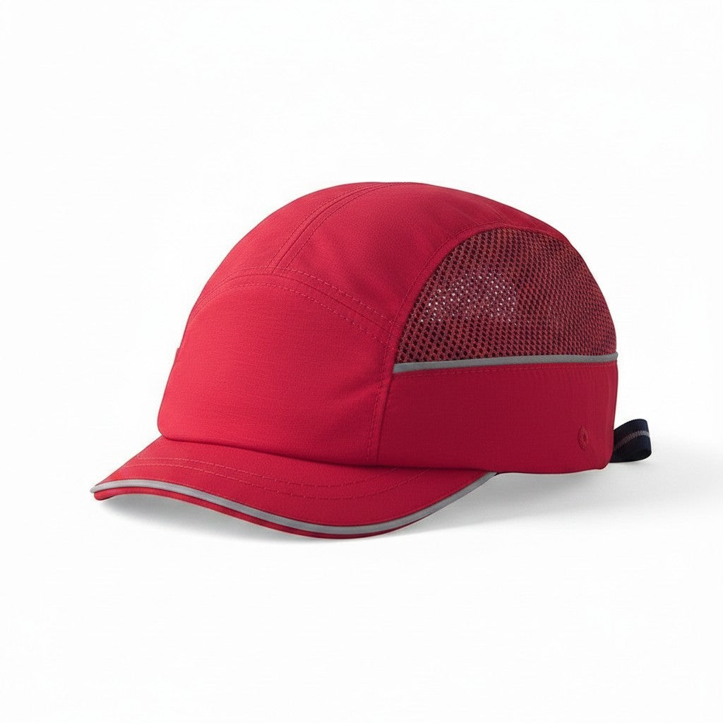Gorra de seguridad GERF SAFETY roja con visera corta, bandas reflectantes y paneles laterales de malla hiperventilada