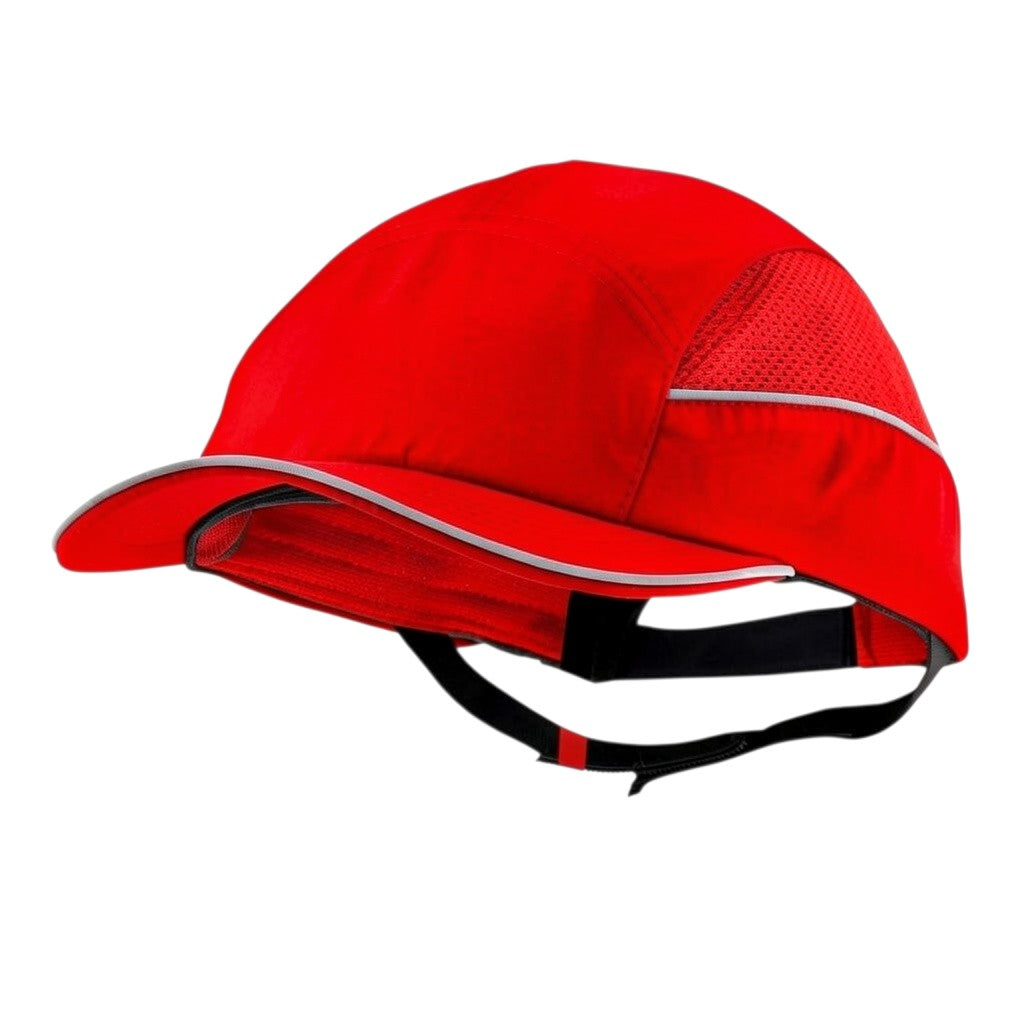 Gorra de seguridad GERF SAFETY roja con visera de 7 cm, carcasa ABS extraíble y bandas reflectantes para visibilidad.
