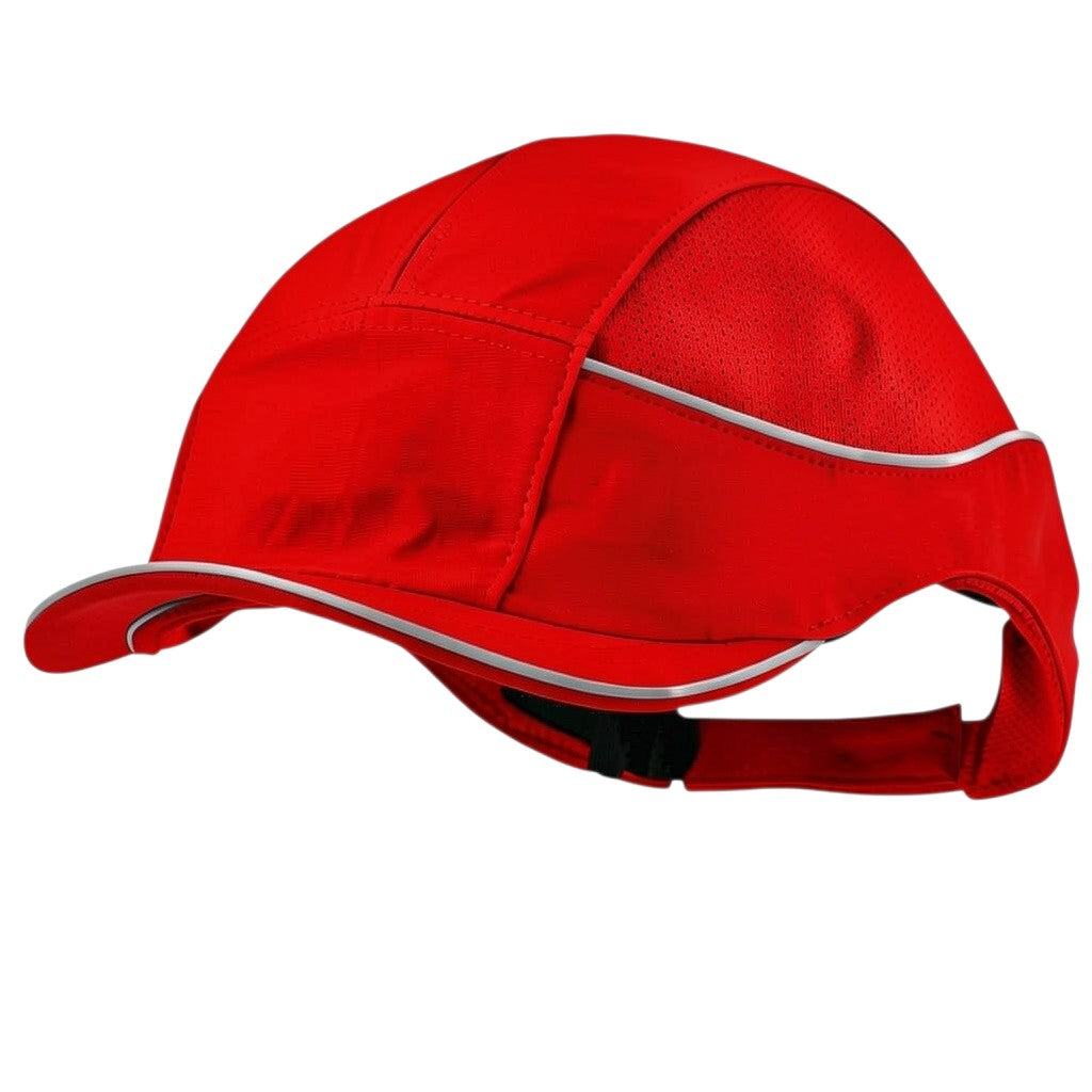 Gorra de seguridad roja GERF SAFETY Bump Cap Air+ con visera corta, bandas reflectantes y alta ventilación.