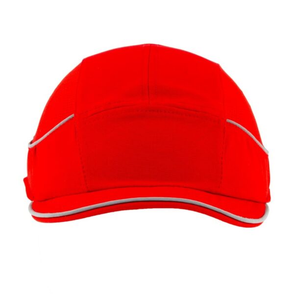 Gorra de seguridad roja GERF SAFETY Bump Cap Air+ con visera corta de 3 cm, bandas reflectantes y alta ventilación.