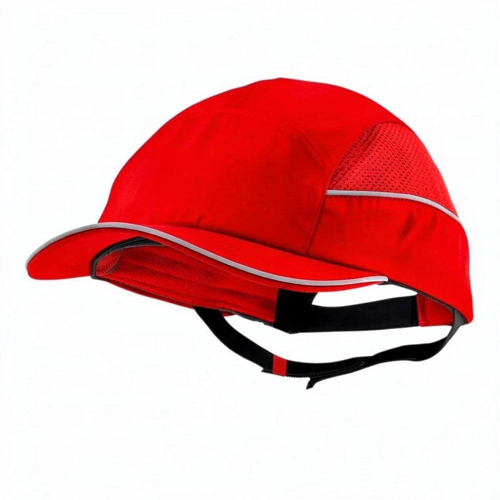 Gorra de seguridad GERF SAFETY roja con carcasa ABS extraíble, bandas reflectantes y ventilación lateral.
