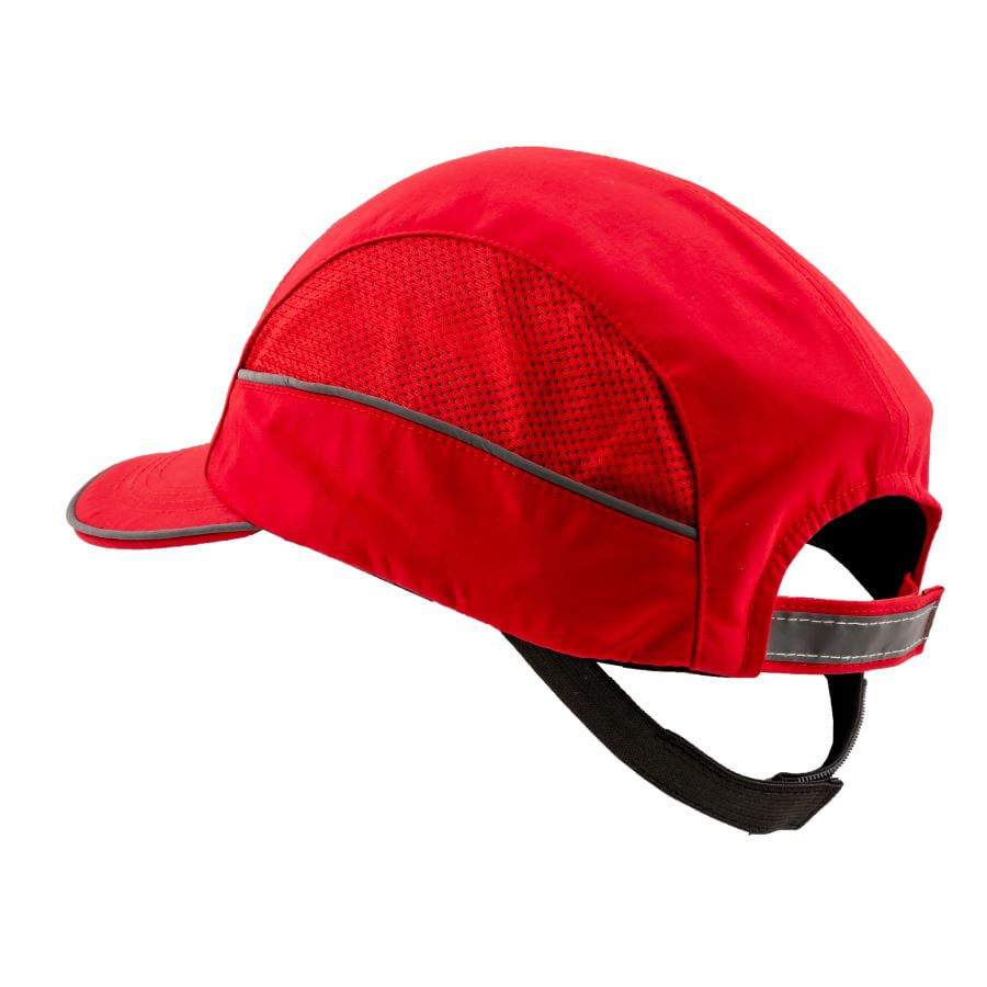 Gorra de seguridad roja GERF SAFETY con visera, ventilación lateral y bandas reflectantes para protección laboral.