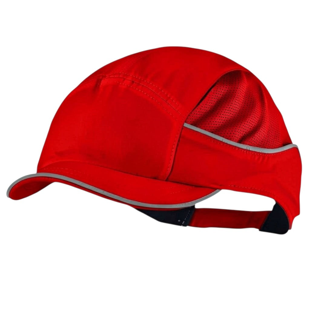 Gorra de seguridad roja GERF SAFETY Bump Cap Air+ con visera de 3 cm, bandas reflectantes y malla hiperventilada.