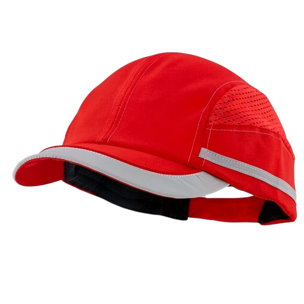 Gorra de seguridad GERF SAFETY roja fluorescente con bandas reflectantes, visera de 5 cm y carcasa protectora ABS.