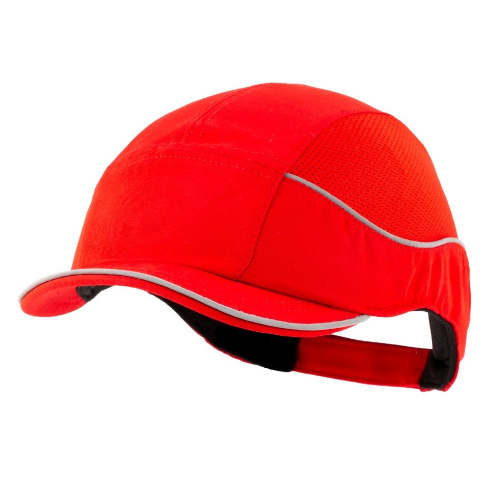 Gorra de seguridad roja GERF SAFETY Bump Cap Air+ con visera corta, bandas reflectantes y malla hiperventilada.