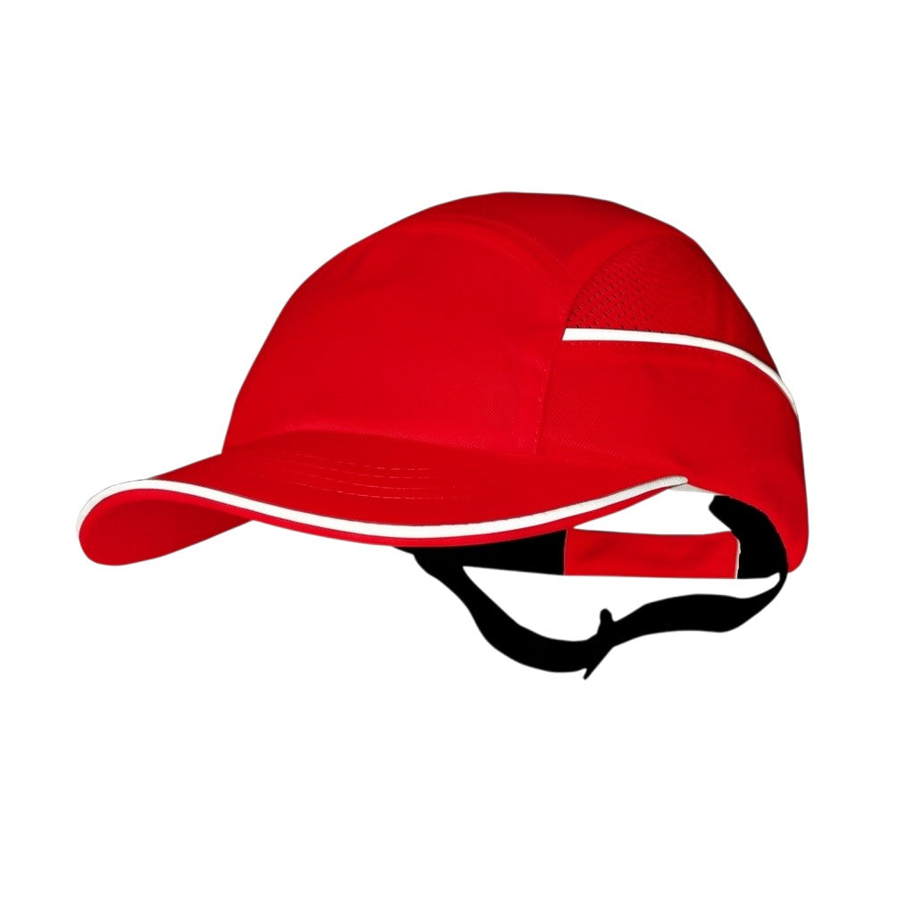 Gorra de seguridad GERF SAFETY roja con carcasa protectora, visera y bandas reflectantes para alta visibilidad industrial