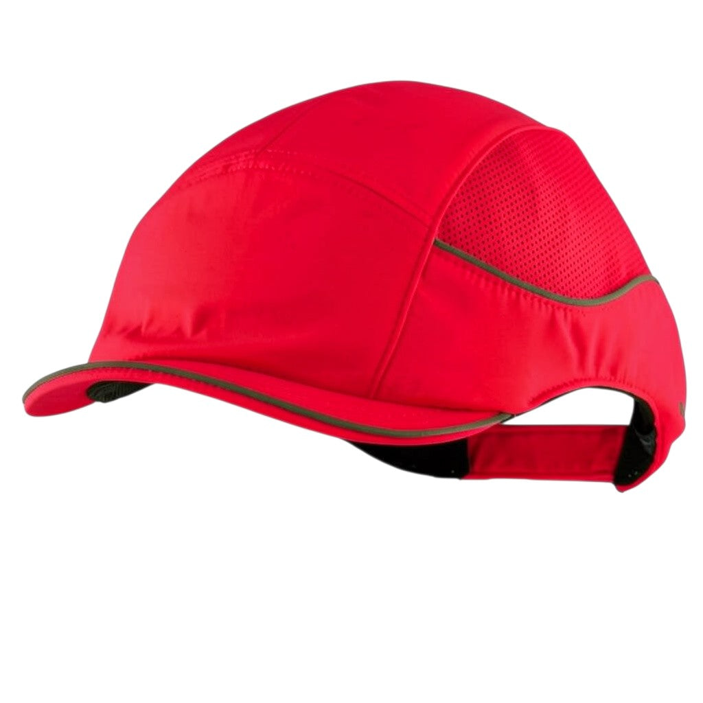 Gorra de seguridad GERF SAFETY Bump Cap Air+ color rojo neón con visera corta, bandas reflectantes y ventilación lateral
