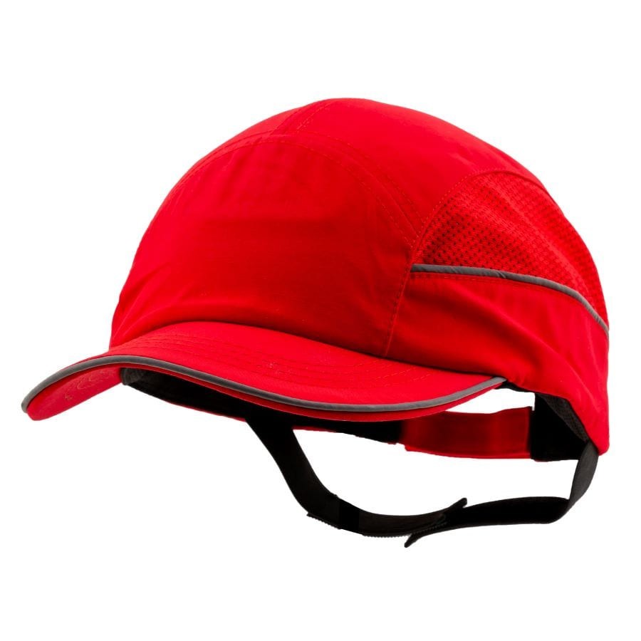 Gorra de seguridad GERF SAFETY tipo bump cap roja con bandas reflectantes, visera de 5 cm y carcasa protectora extraíble.