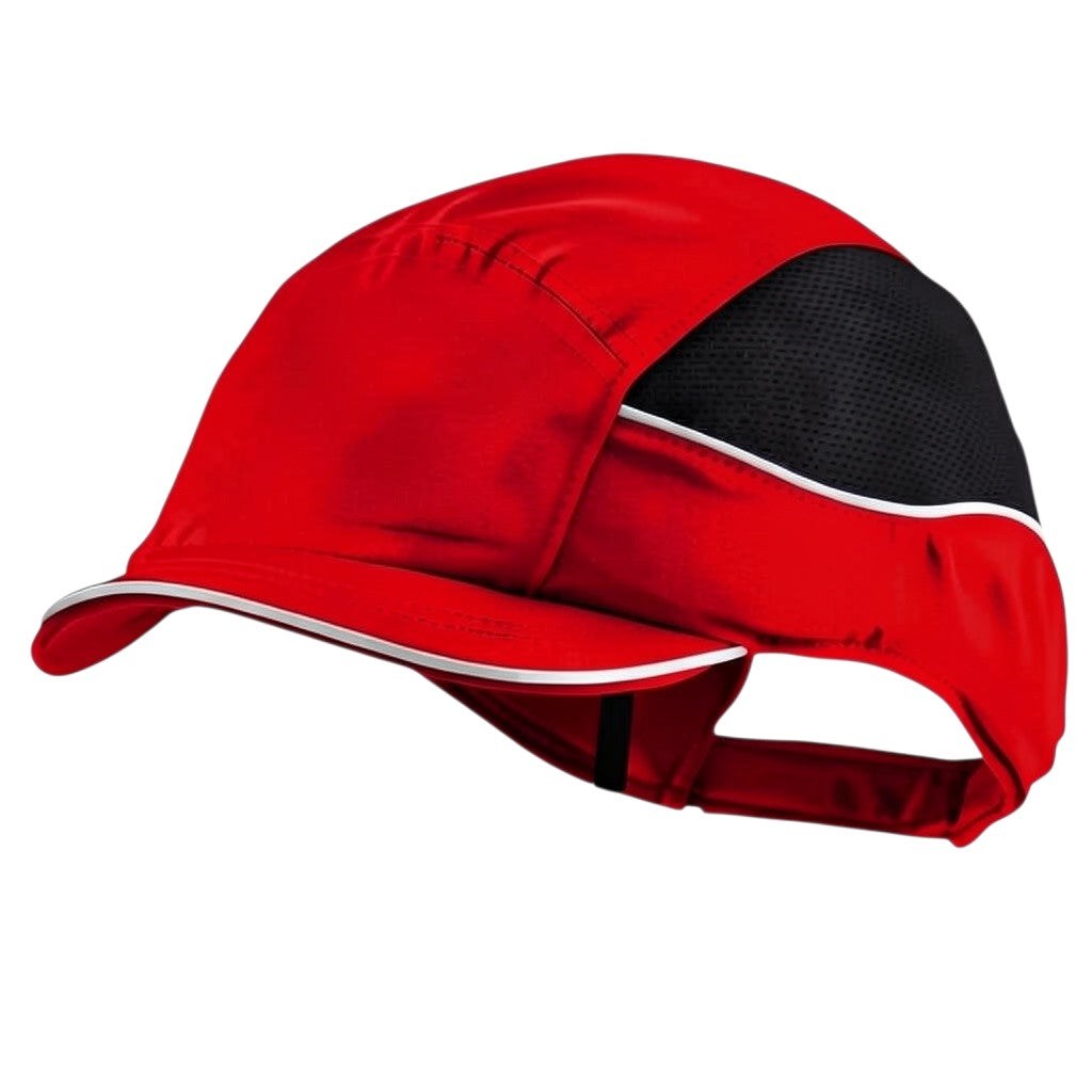 Gorra de seguridad GERF SAFETY roja con visera corta de 3 cm, paneles de malla transpirable y bandas reflectantes.