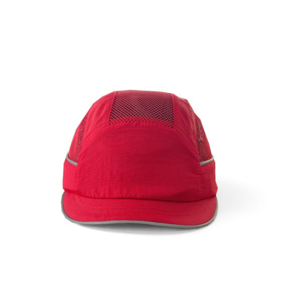 Gorra de seguridad roja GERF SAFETY con visera corta, bandas reflectantes y paneles de ventilación de malla