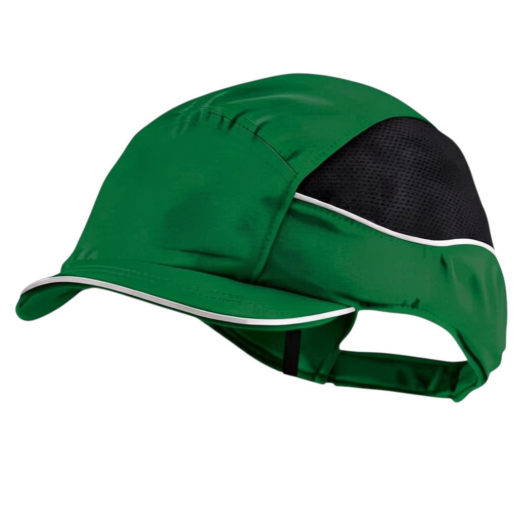 Gorra de seguridad GERF SAFETY Bump Cap Air+ verde con visera corta, bandas reflectantes y paneles de malla ventilada.