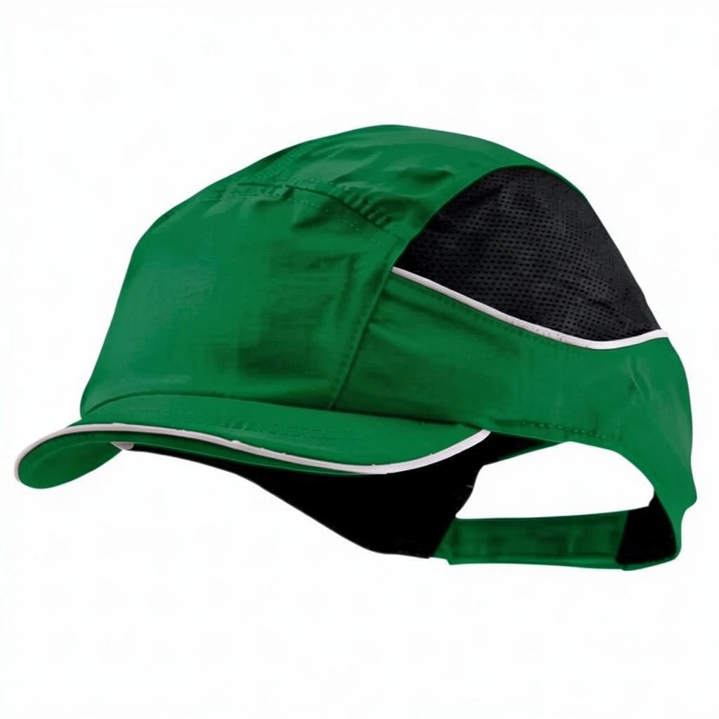 Gorra de seguridad GERF SAFETY Bump Cap Air+ verde con paneles de malla transpirable y detalles reflectantes.