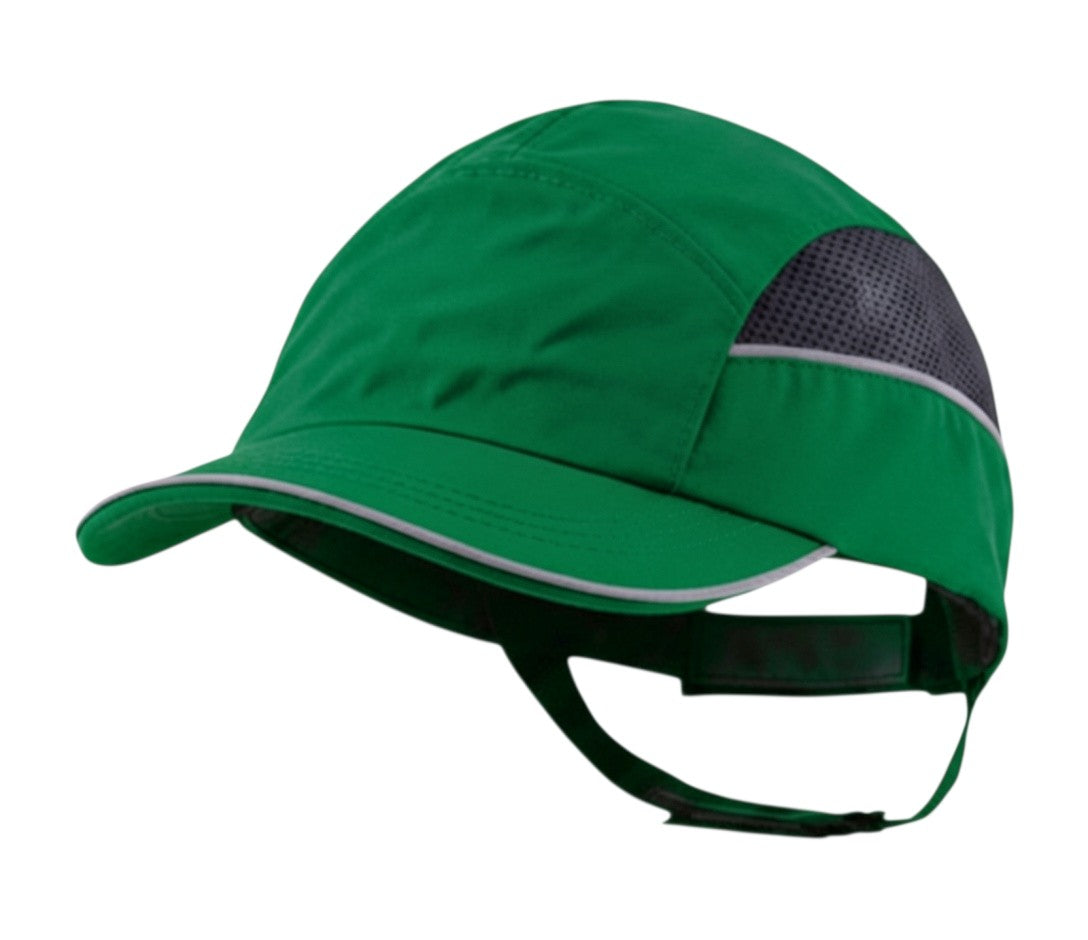 Gorra de seguridad GERF SAFETY verde con carcasa ABS extraíble, bandas reflectantes y visera de 5 cm para protección laboral