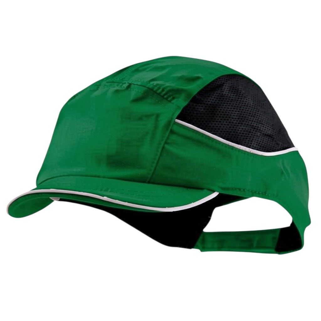 Gorra de seguridad GERF SAFETY Bump Cap Air+ verde con paneles de malla negra, visera corta y bandas reflectantes.