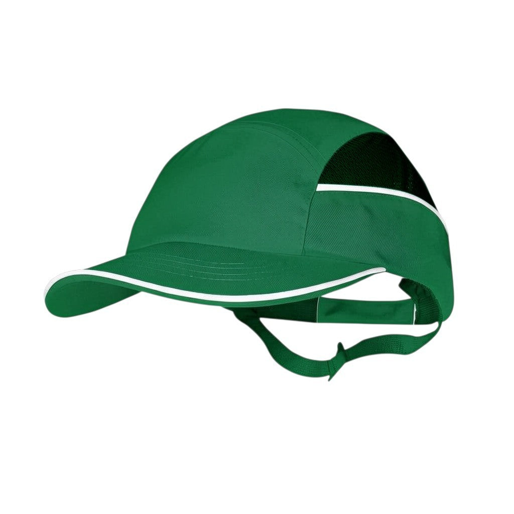 Gorra de seguridad GERF SAFETY tipo bump cap en color verde con visera de 5 cm, carcasa protectora y bandas reflectantes