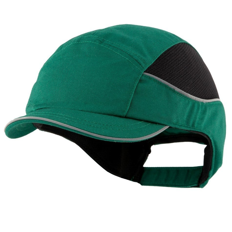 Gorra de seguridad GERF SAFETY Bump Cap Air+ verde con visera de 3 cm, bandas reflectantes y malla transpirable.
