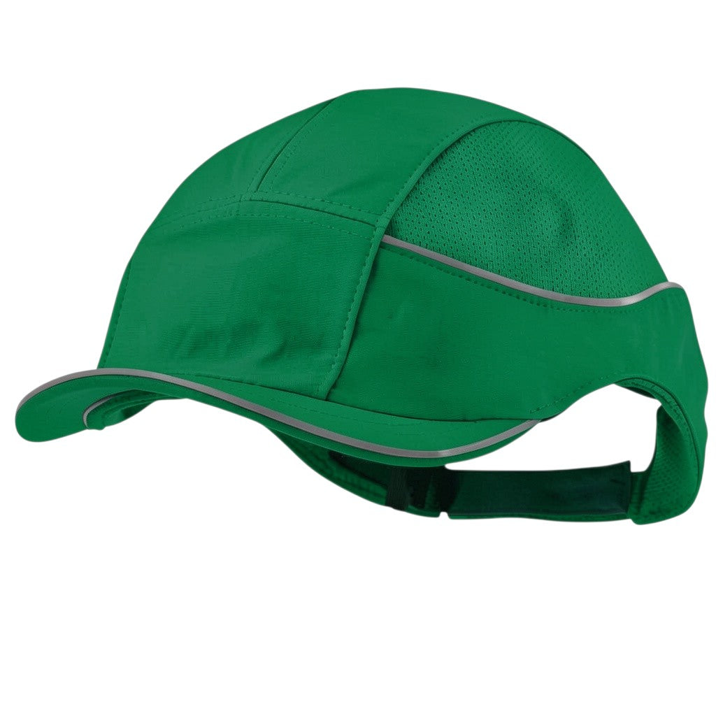 Gorra de seguridad GERF SAFETY Bump Cap Air+ verde con visera corta, bandas reflectantes y malla hiperventilada.