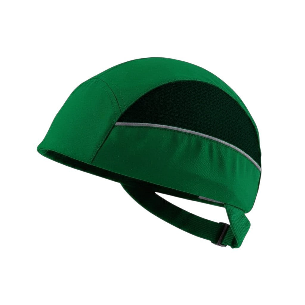Gorra de seguridad GERF SAFETY sin visera en color verde con bandas reflectantes y carcasa protectora extraíble.