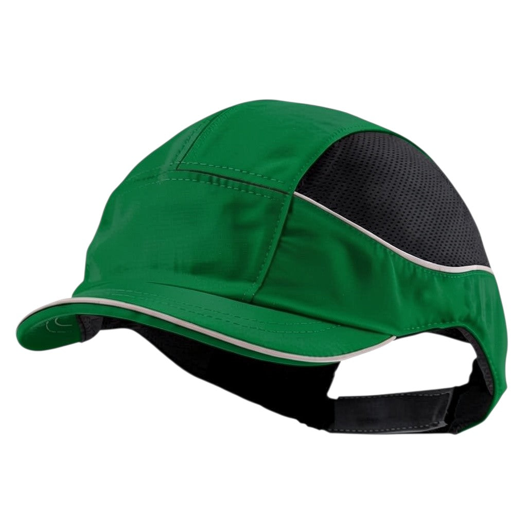 Gorra de seguridad GERF SAFETY modelo Bump Cap Air+ en color verde con visera corta, malla transpirable y reflectantes