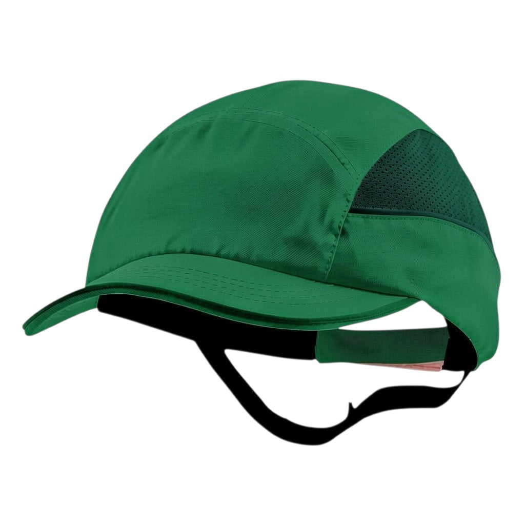 Gorra de seguridad GERF SAFETY verde con carcasa ABS extraíble, visera de 5 cm y paneles laterales de ventilación.