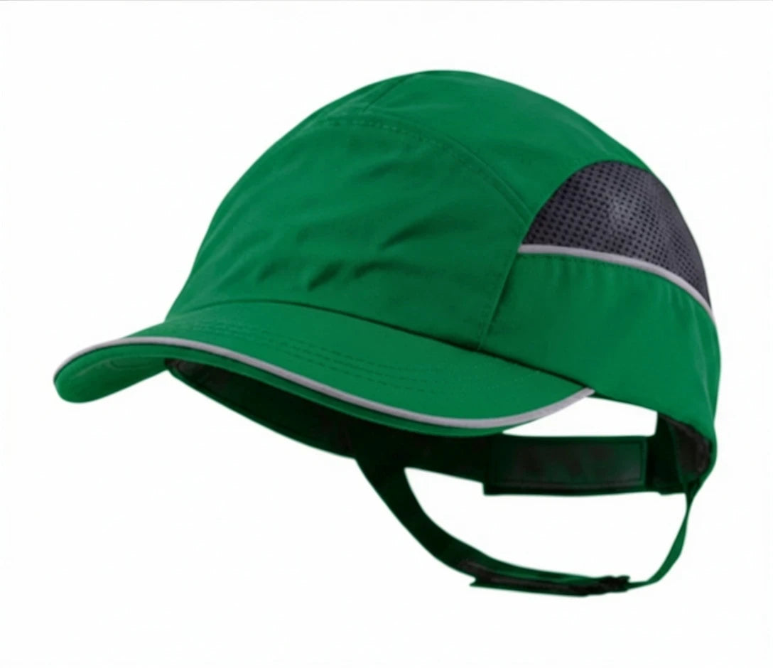 Gorra de seguridad GERF SAFETY verde con bandas reflectantes, visera de 5 cm y carcasa protectora extraíble.