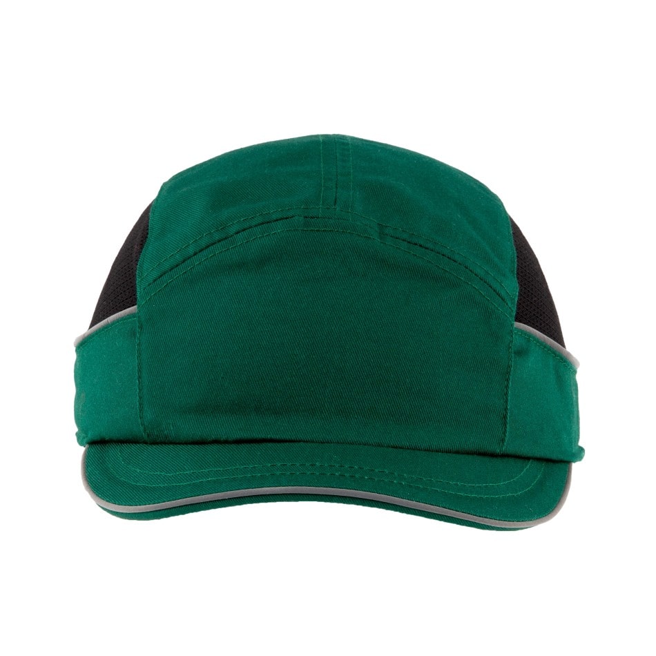 Gorra de seguridad GERF SAFETY Bump Cap Air+ verde con visera corta de 3 cm, bandas reflectantes y paneles laterales de malla
