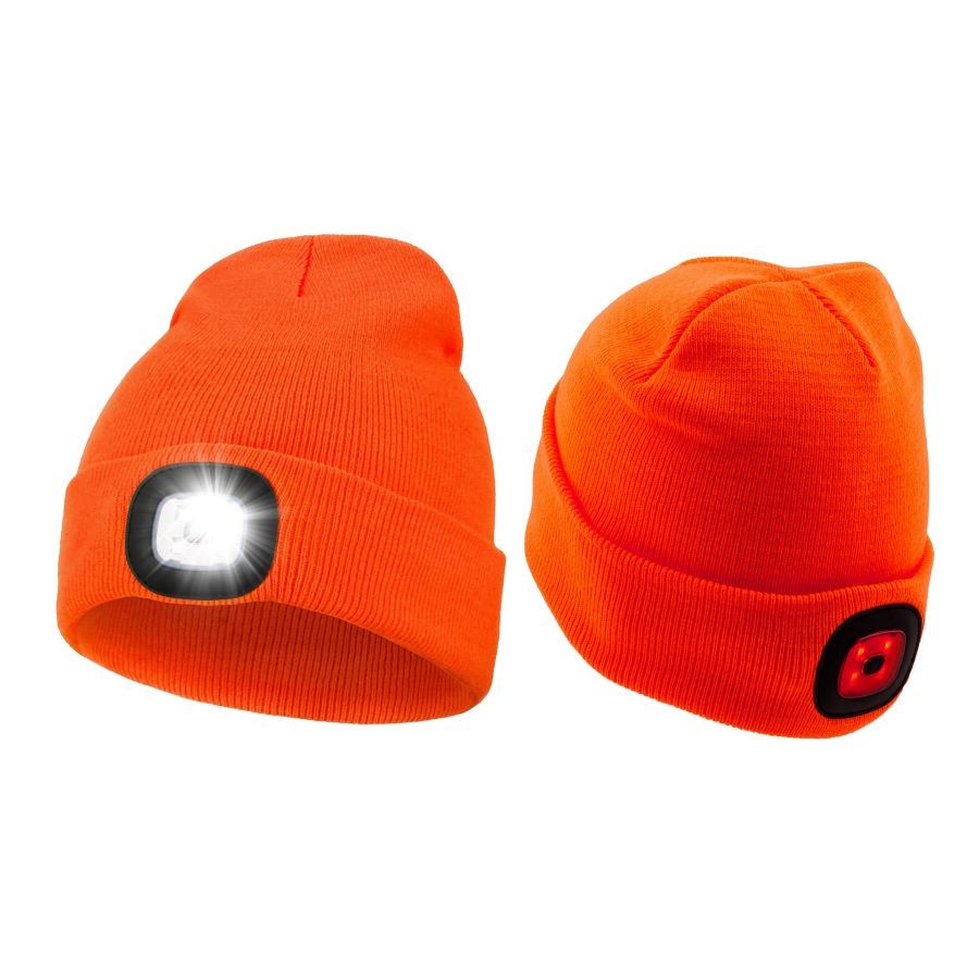 Gorro de seguridad naranja GERF SAFETY con luz LED recargable integrada, ideal para entornos de baja visibilidad.