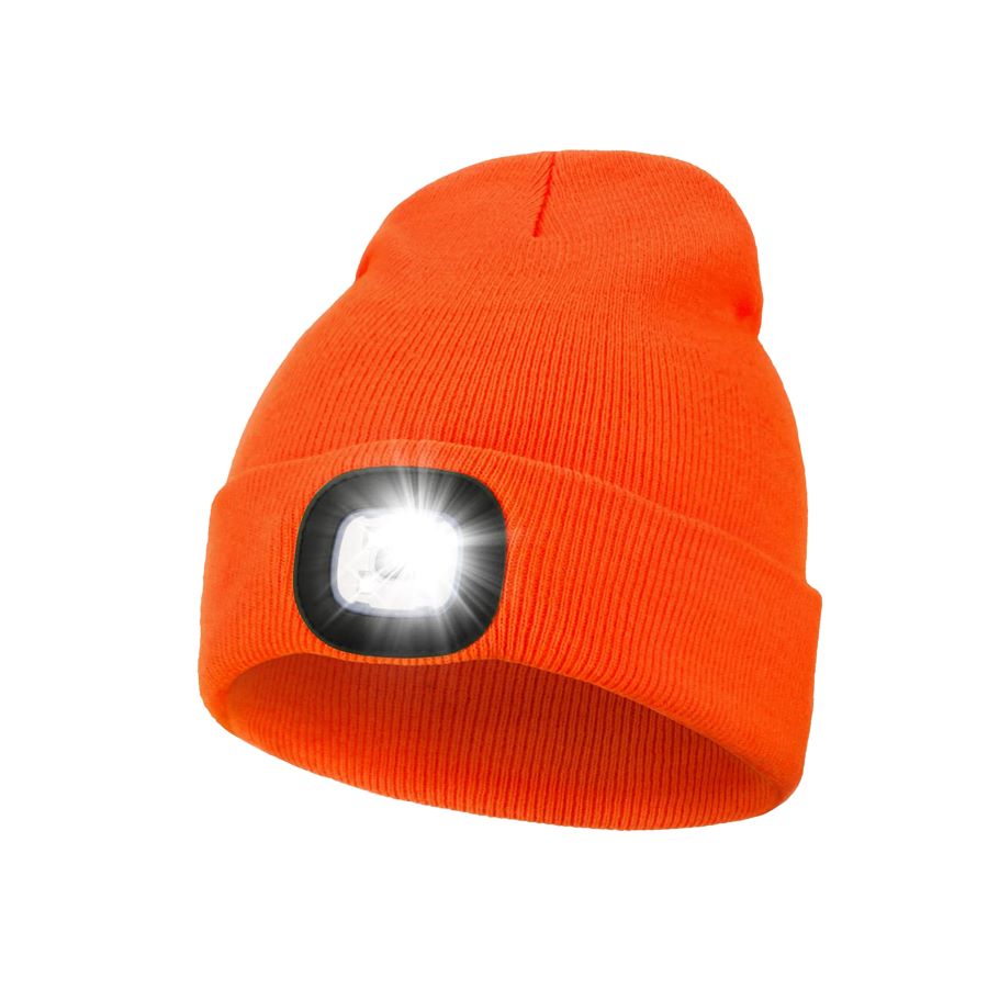 Gorro de protección naranja GERF SAFETY con luz LED recargable integrada y certificación EN 812 para visibilidad.