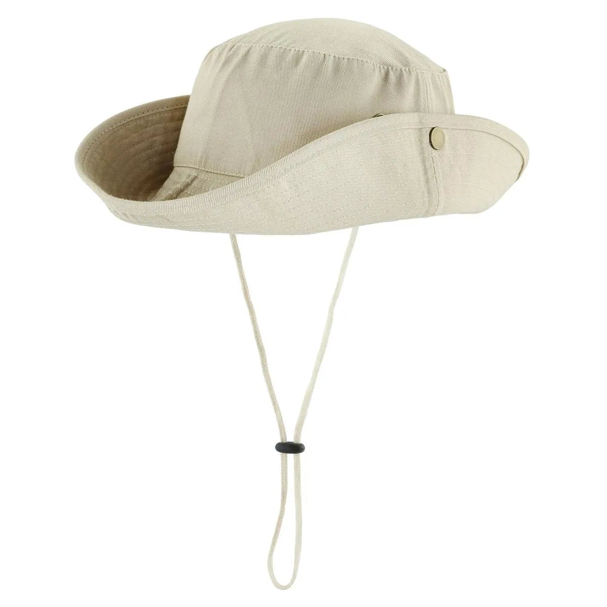 Gorro tipo pescador GERF SAFETY de algodón beige con protección UV, visera ajustable y cordón de seguridad.