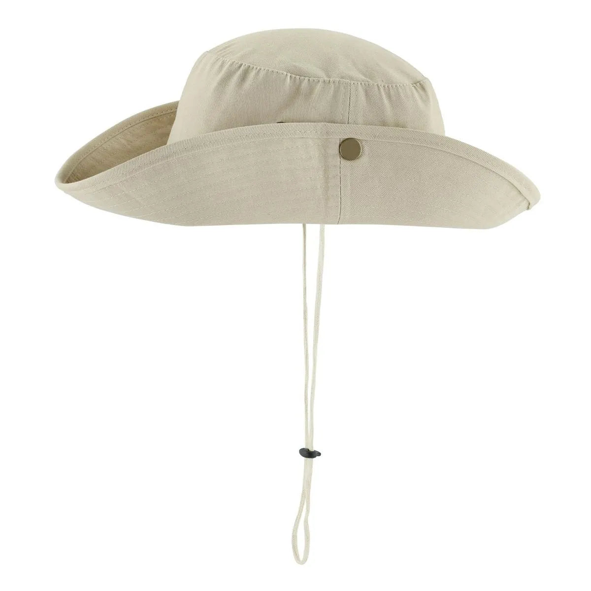 Gorro tipo pescador GERF SAFETY de algodón beige con protección UV, visera ajustable y amarra con cord stopper.