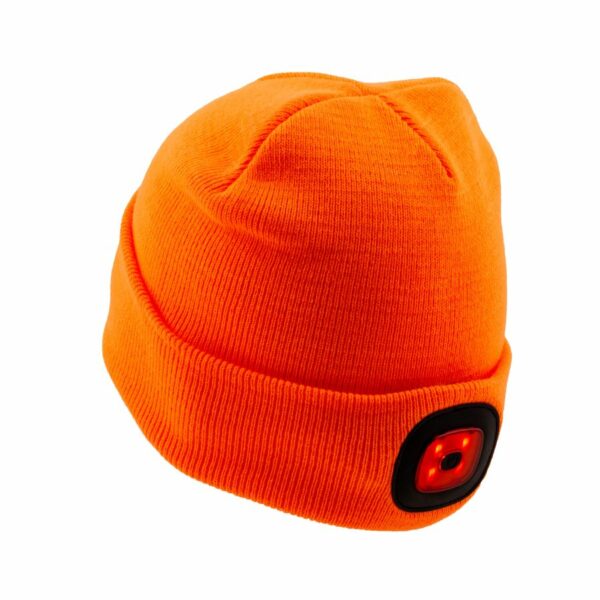 Gorro de protección naranja GERF SAFETY con luz LED recargable integrada y certificación EN 812 para alta visibilidad.