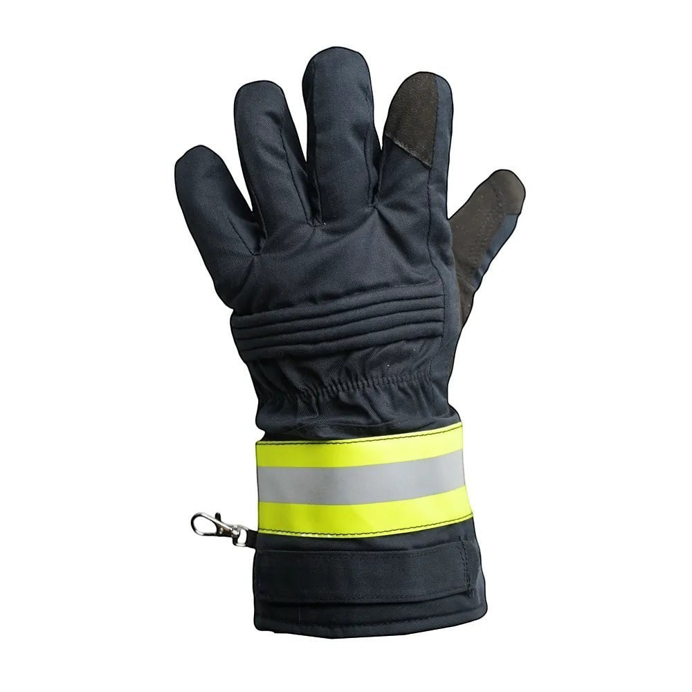 Guante de bombero estructural GERF SAFETY azul oscuro con dorso de aramida acolchado, palma de cuero y banda reflectante